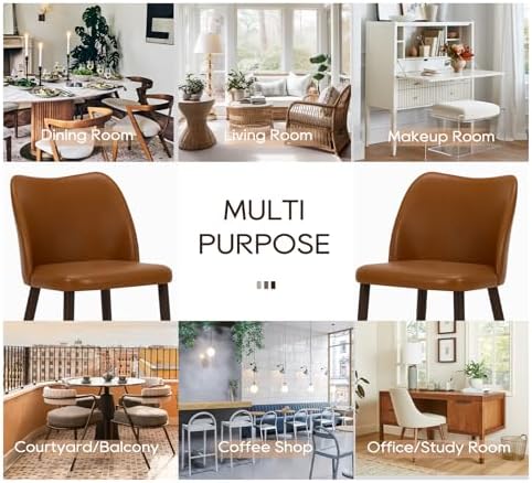 COLAMY Dining Chairs Set of 2, Upholstered Leather Kitchen Chairs with Curved Back, Padded Seat and Solid Wood Legs, Modern Dining Chair for Kitchen Dining Room, Light Brown