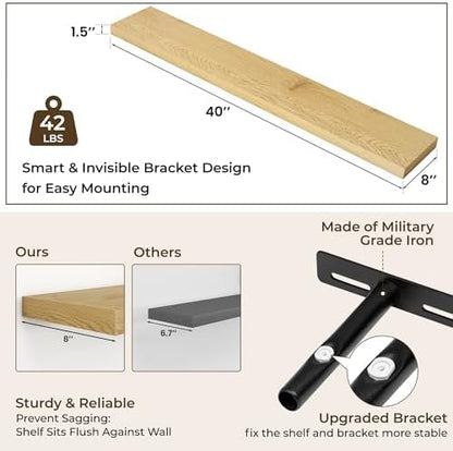 RICHFOCUS Long Floating Shelves for Wall 1Pack, Oak, 40" Lx8 D