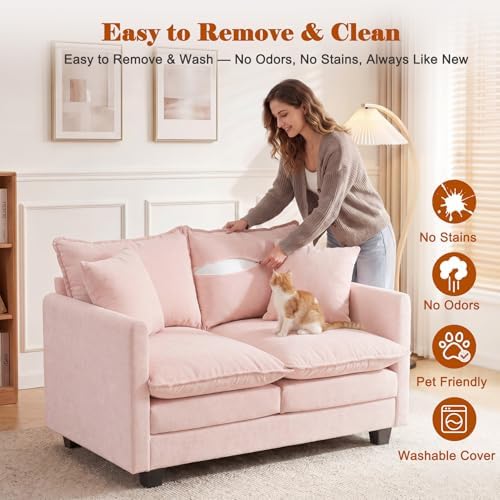 50'' Loveseat Sofa Set, Small Couch Set 2 Piece Cloud Love Seat with 27" Deep Seat Washable Chenille Pillows Couches for Small Spaces Apartment Living Room, Pink