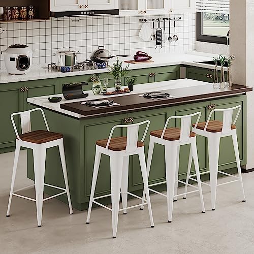 Bar Stools Set of 4 Metal Bar Stool Counter Height Bar Stools White, Modern Bar Chairs with Back and Wooden Seat 30" Bar Stool Counter Height