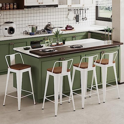 Bar Stools Set of 4 Metal Bar Stool Counter Height Bar Stools White, Modern Bar Chairs with Back and Wooden Seat 30" Bar Stool Counter Height