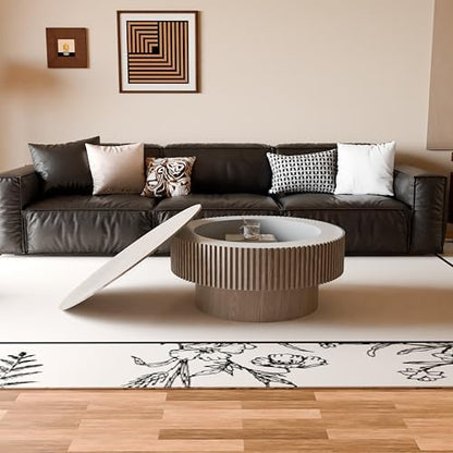 31.5'' Round Coffee Table with Storage, Modern Luxury Circle Drum Center Tables with Solid Wood Veneered, Accent Side Coffee Table for Living Room, Bedroom, Apartment-Grey