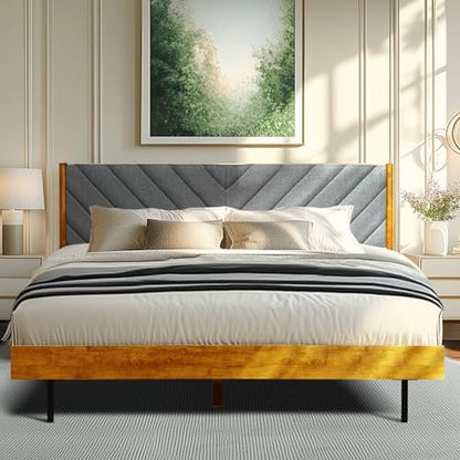 Acacia Astoria Wood Bed Frame with Upholstered Headboard, Queen, Caramel