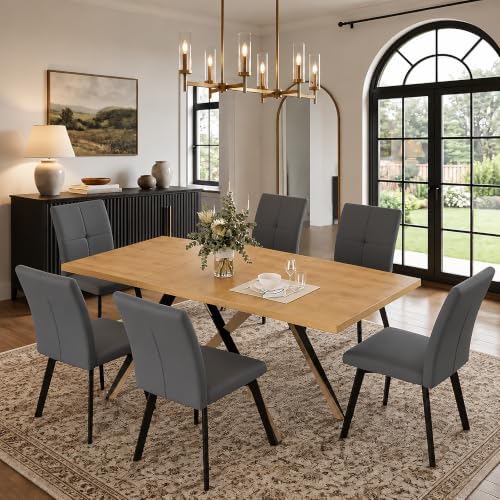 7-Piece Expandable Dining Table Set for 6, Oak Table, Gray Chairs