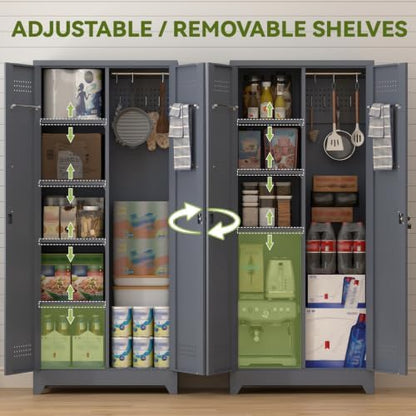 Metal Tool Storage Cabinet, Broom Closet with Hooks, 72.8" Tall Garage Cabinet with Shelves, Heavy-Duty Cleaning Storage for Utility Room, Gym, Office, Garage