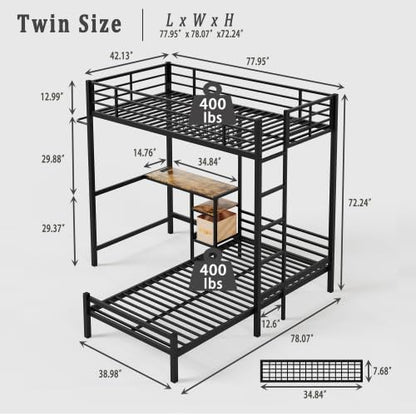 Bellemave Twin Over Twin bunk Bed with Desk and LED Charging Station, loft Bed with Desk and Shelves, Metal Bunk Beds with Storage, Black
