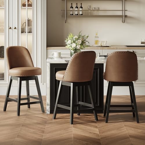 MALOL Swivel Counter Height Bar Stools Set of 3, Tall Faux Leather Barstools, Modern Bar Chairs with Solid Back and Wood Legs for Kitchen Island，Brown