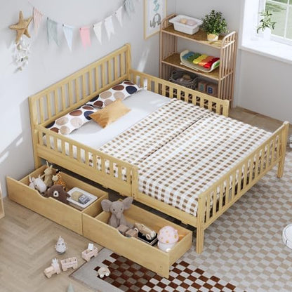 Bellemave Full Size Kids Platform Bed with Fences and 2 Drawers, Wooden Full Bed Frame with Guardrails on Both Sides for Boys Girls, Natural