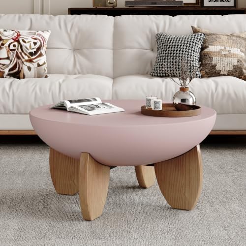 30" Faux Marble Round Bowl Coffee Table with Solid Wood Legs