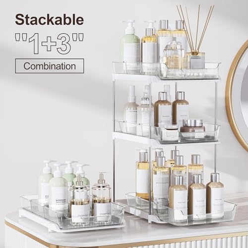 Delamu 2-Tier Multi-Purpose Bathroom Under Sink Organizers and Storage, Stackable Kitchen Pantry Organization, Pull Out Medicine Cabinet Organizer with Movable Dividers, White, 4Pack