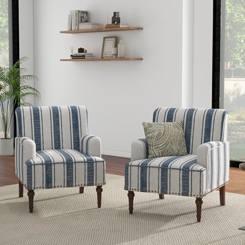 Stripe Accent Chair, Fabric Upholstered Armchair, Navy