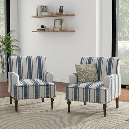 Stripe Accent Chair, Fabric Upholstered Armchair, Navy
