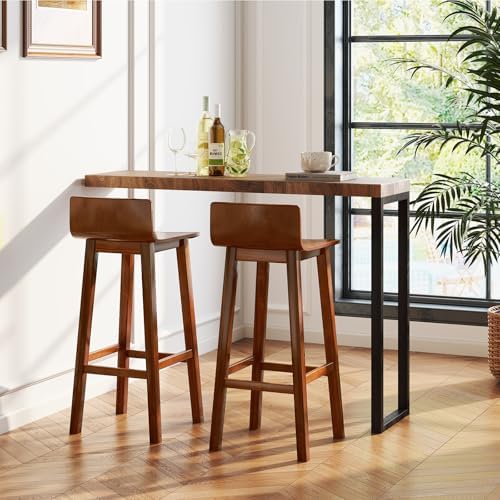 GIANTEX 29" Bar Stools Set of 2, Bar Height Bar Stools w/Low Back & Footrest, Farmhouse Wooden Bar Dining Chairs, Armless Wood Barstools for Kitchen Island, Pub, Cafe, Breakfast, Brown
