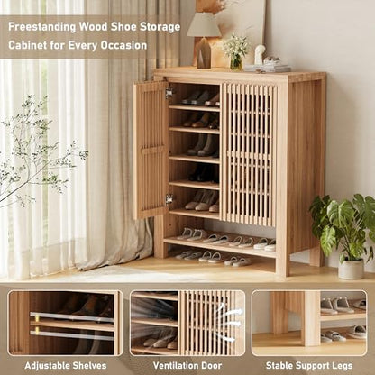 43" Tall Shoe Storage Cabinet with Doors, 8-Tier Entryway Shoe Cabinet with Adjustable Shelves, Modern Freestanding Shoes Rack Organizer Cabinet for Entryway Hallway Front Door