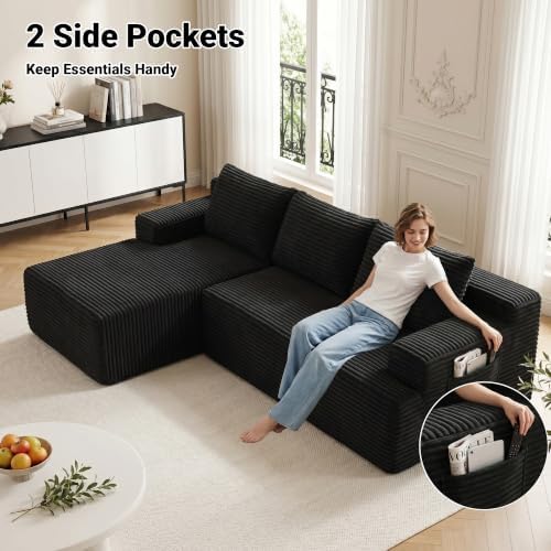 97" Cloud Boneless Couch, L-Shaped Sectional Sofa for Living Room, Black