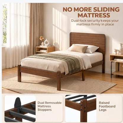 14" Solid Bamboo Wood Twin Platform Bed Frame with Headboard