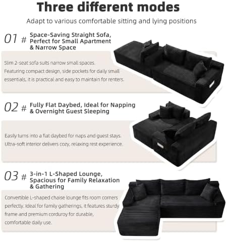 95" L‑Shaped Modular Cloud Corduroy Boneless Sectional Sofa for Living Room