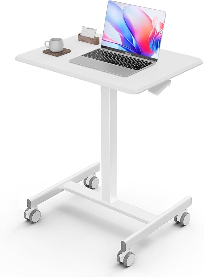 DUMOS Mobile Small Standing Desk, Portable Rolling Laptop Desk with 2 Lockable Wheels, Adjustable Height Computer Workstation for Home Office, 19 Inch White