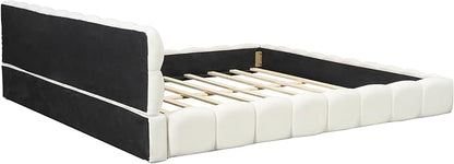 King Size Upholstered Platform Bed with Thick Fabric,Low Wood Grounded Bed W/Headboard & Footboard,Slat Support,No Box Spring Needed, Easy Assemble,Beige