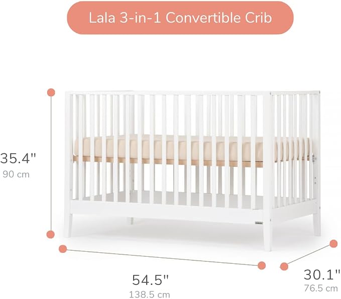 dadada Baby LaLa 3-in-1 Convertible Crib- Converts to Toddler Bed & Daybed- Adjustable Mattress Height – 3 Positions - Made in Italy - Solid Beechwood (White)