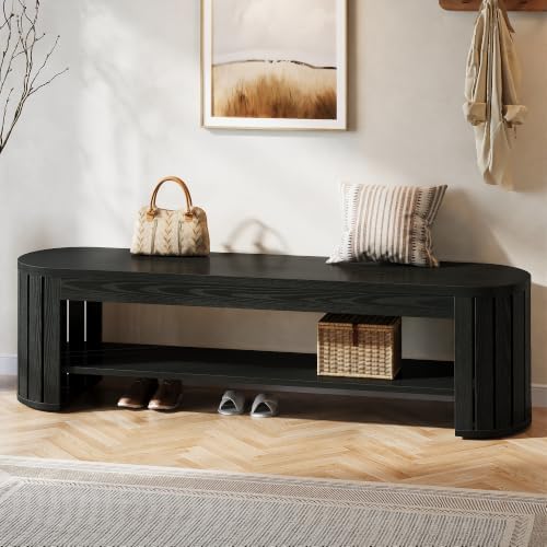 Tribesigns 63" Wooden Entryway Bench with Shoe Storage, Long 2-Tier Narrow Shoe Bench with Arc Vertical Slat Splicing Legs, End of Bed Stool for Bedroom, Entrance, Living Room (Black)