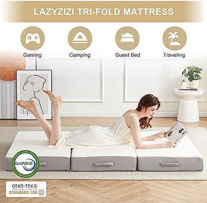 Lazyzizi Folding Mattress,Memory Foam Tri-fold Mattress with Breathable & Washable Bamboo Fiber Fabric Cover, Foldable Floor Guest Bed for Camping, Road Trip, 6Inch TwinXL