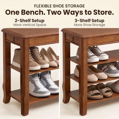 Shoe Rack Bench with Storage 3 Tier Solid Wood Entryway Shoe Rack 31.5"