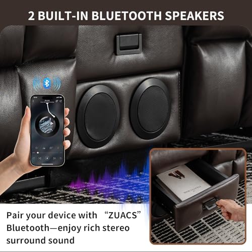 Loveseat Recliner Sofa with Massage & Heat, Flip Backrest, Reclining Home Theater Seating with Console, RV Couch Sofa with Bluetooth Speaker, USB/Outlet/Storage/Cup Holder/Side Pocket, Brown