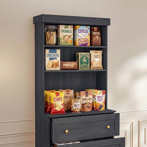 Vyre 71" Farmhouse Kitchen Pantry Cabinet Set of 2, Black Freestanding Coffee Bar Hutch with Drawers & Adjustable Shelves, Large Storage Cabinet with Microwave Stand for Kitchen