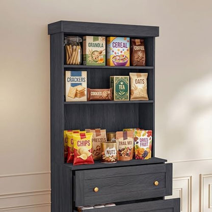 Vyre 71" Farmhouse Kitchen Pantry Cabinet Set of 2, Black Freestanding Coffee Bar Hutch with Drawers & Adjustable Shelves, Large Storage Cabinet with Microwave Stand for Kitchen