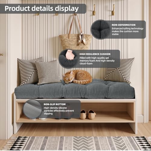 72 Inch Bench Cushion, Tufted Window Seat Cushion with High-Density Memory Foam, Soft Chenille Non-Slip Indoor Furniture Pad for Bay Window, Dining Bench, Entryway (Dark Grey, 72x14x3)
