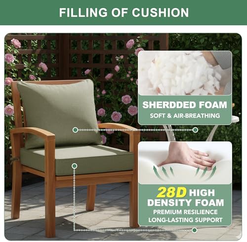 Water Resistant Outdoor Chair Cushions, Faux Linen Backrest and Deep Seat Cushion Set with Ties, Removable Cover, Non-Slip Bottom for Patio Furniture, 24 x 24 Inch, Mocca Green, Set of 2