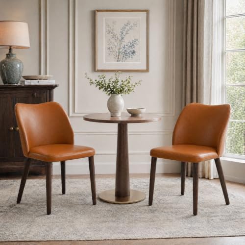COLAMY Dining Chairs Set of 2, Upholstered Leather Kitchen Chairs with Curved Back, Padded Seat and Solid Wood Legs, Modern Dining Chair for Kitchen Dining Room, Light Brown