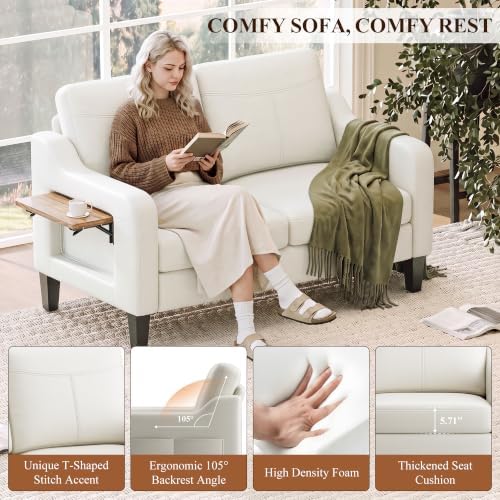 MALOL 51" Leather Loveseat Sofa with Foldable Side Table, Beige