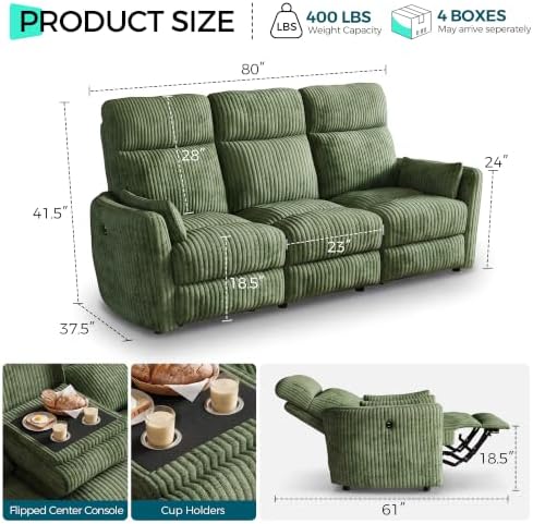 LINSY Modular 3-Seater Recliner Sofa with Matching Recliner Chair, Manual Corduroy Living Room Set with Flip-Down Console, Cup Holders & USB Ports, Theater Couch for Living Room, Game Room (Green)