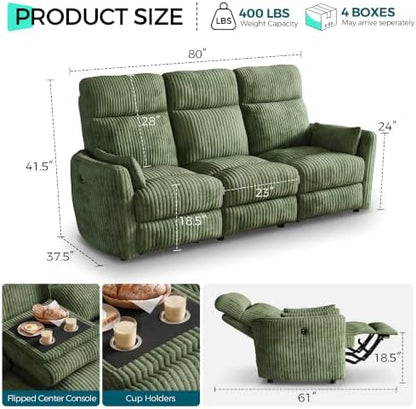 LINSY Modular 3-Seater Recliner Sofa with Matching Recliner Chair, Manual Corduroy Living Room Set with Flip-Down Console, Cup Holders & USB Ports, Theater Couch for Living Room, Game Room (Green)