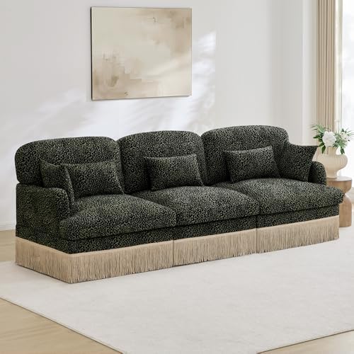 100.3" 3 Seat Modular Sofa Couch, Chenille Leopard Print Upholstered Sofa with Tassel Trim, Deep Seat Sectional Couch for Studio Seating Area