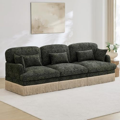 100.3" 3 Seat Modular Sofa Couch, Chenille Leopard Print Upholstered Sofa with Tassel Trim, Deep Seat Sectional Couch for Studio Seating Area