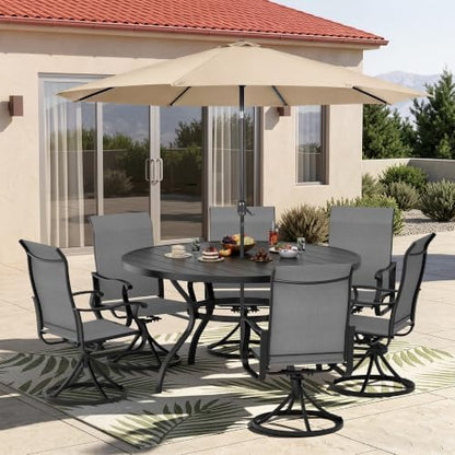 SUNCROWN 8-Piece Outdoor Dining Set, All Weather Patio Furniture Sets with 6 Dark Gray Swivel Textilene Mesh Chairs & Round Metal Table & 1 Brown 9Ft Umbrella for Deck Garden Backyard Poolside