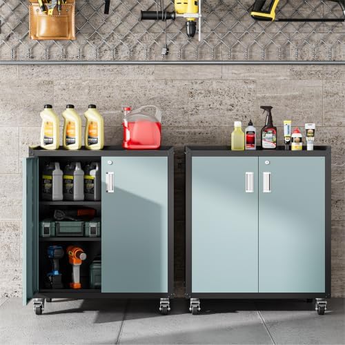 COFaR Gray & Black Metal Garage Cabinet with Wheels, Lockable 2-Door