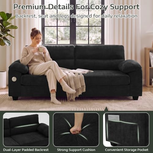 87" Oversized 3-Seater Couch, Comfy Sofa for Living Room with Fast Charging