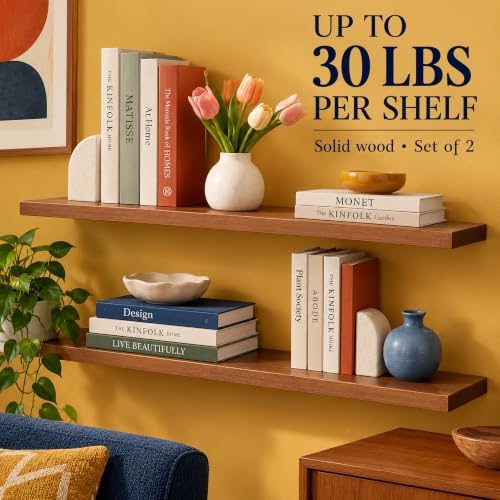 WELLAND 48" Floating Shelves for Wall, Set of 2, 8" Deep Rustic Solid Pine