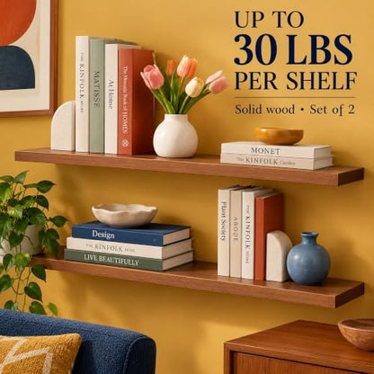WELLAND 48" Floating Shelves for Wall, Set of 2, 8" Deep Rustic Solid Pine