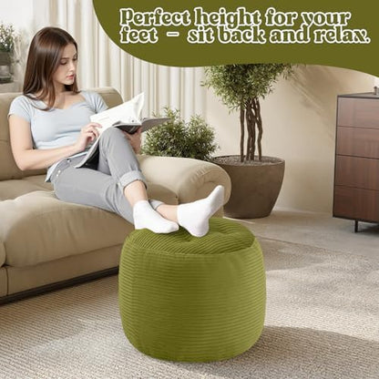 MeMoreCool Round Pouf Ottoman 20x15 Inch, Corduroy Floor Footstool, Green