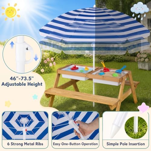 HONEY JOY Kids Picnic Table, 4 in 1 Cedar Wooden Sand & Water Table w/ 3 Removable Box & Umbrella, Kids Picnic Tables for Outdoors Backyard Garden, Toddler Patio Furniture Set for Boys Girls(Navy)