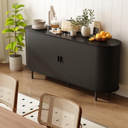 ONBRILL 63" Sideboard Buffet Cabinet, Sliding Door/Adjustable Shelf, Black