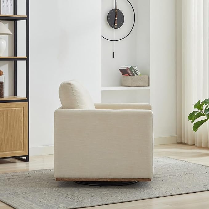 Swivel Accent Chair, 360 Degree Square Swivel Chair for Living Room, Mid Century Modern Upholstered Barrel Chair,Comfy Sofa Armchairs for Bedroom,Nursery,Chenille, Beige