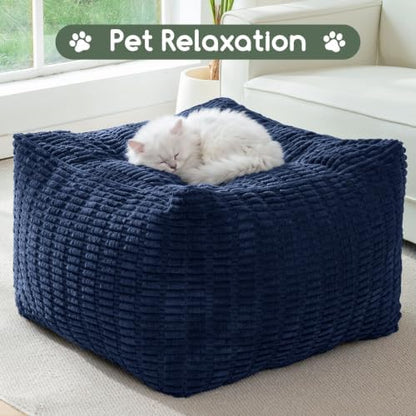 HIGOGOGO Square Stuffed Pouf Ottoman, Blended Corduroy Poufs with Foam Chunk Filling, 25.6 x 25.6 Inches Floor Poufs Foot Rest for Living Room, Navy