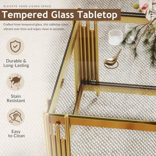 Gold Glass Coffee Table Set of 3, End Table Modern Living Room Table Set Rectangle Clear Tempered Glass Luxury Stainless Steel Leg, Center Side Table for Home (Gold, 43" Set of 3)