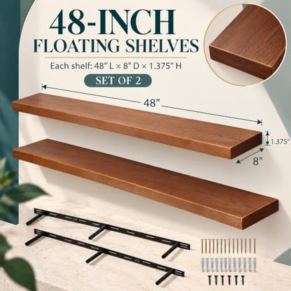 WELLAND 48" Floating Shelves for Wall, Set of 2, 8" Deep Rustic Solid Pine
